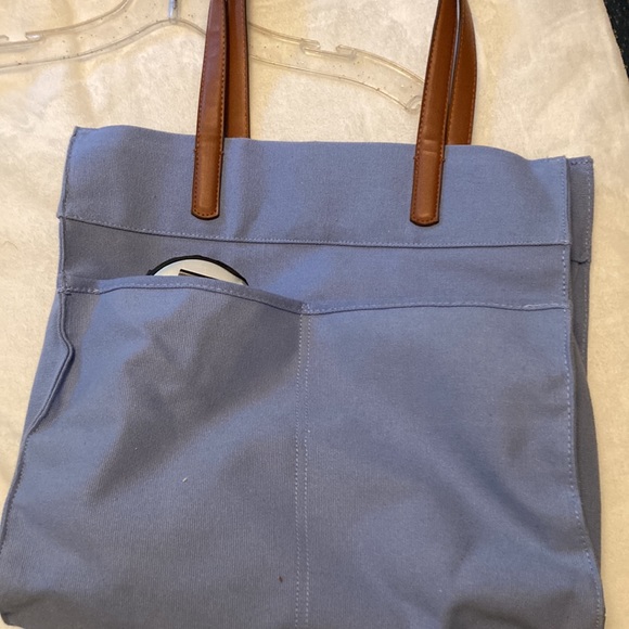 Good Vibes Only canvas tote light blue with blue script faux leather straps - Picture 3 of 4